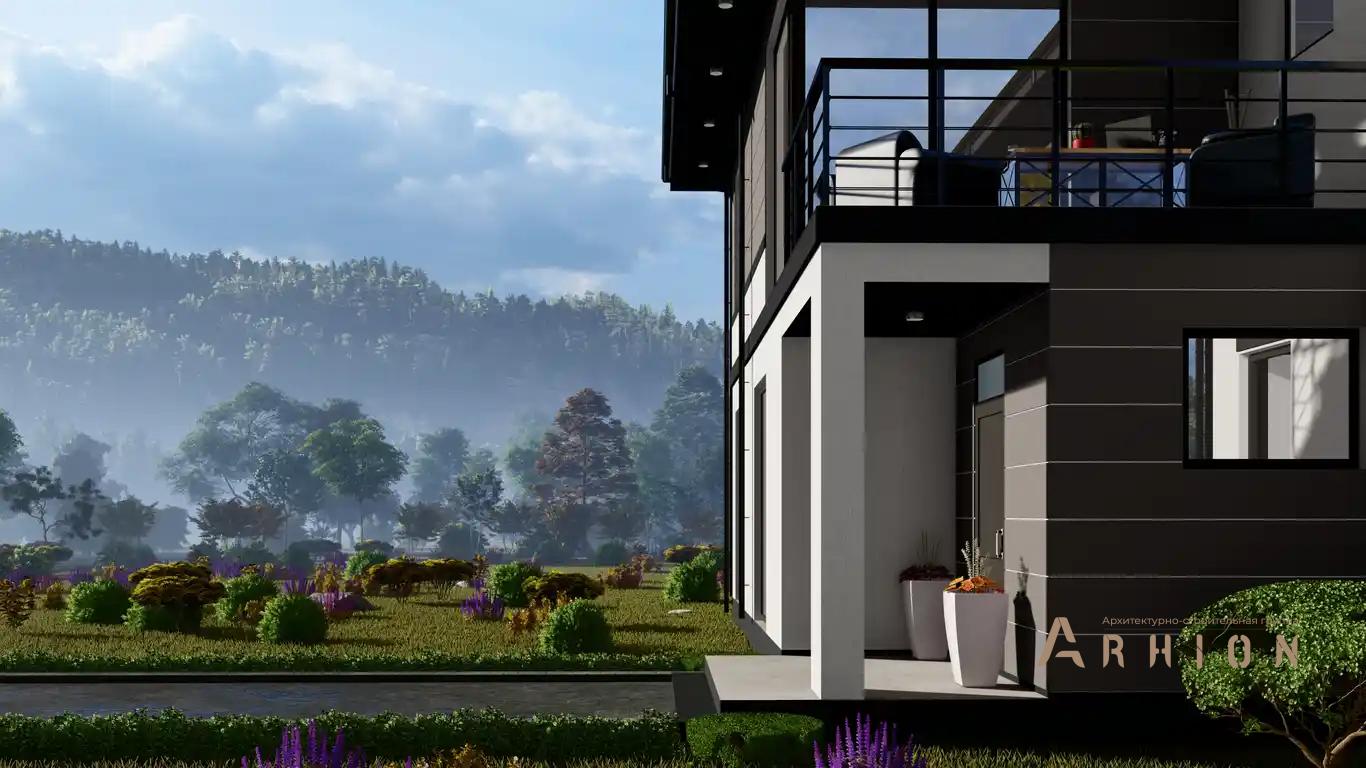 2. Проект двухэтажного дома в современном стиле с плоской кровлей , h-1618, площадью - 318 кв c терассой, балконом, вторым светом